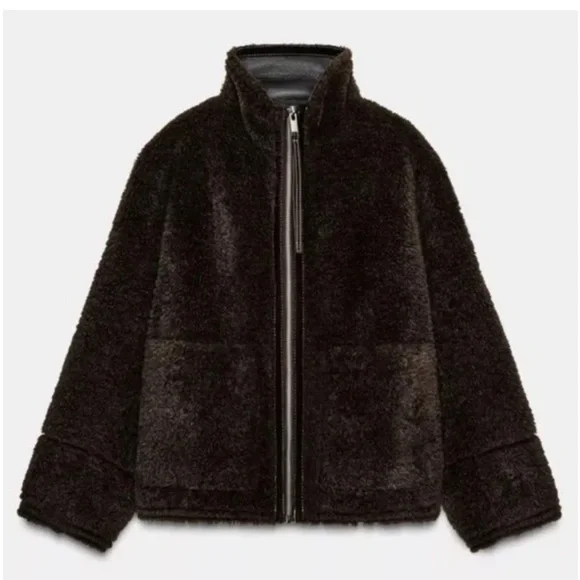 Zara NWT faux shearling double faced jacket dark brown ZW Collection 3548/242 - Picture 2 of 13